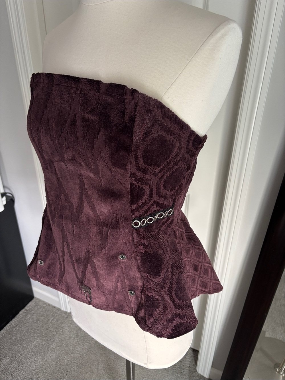 Strapless Textured Peplum Top in Deep Plum